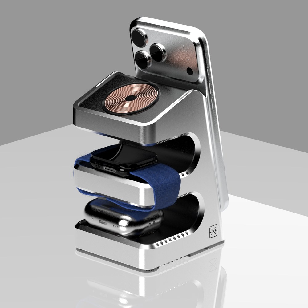 Focus Dock 3-in-1 wireless charging stand, transparent shell showing coils and PCB